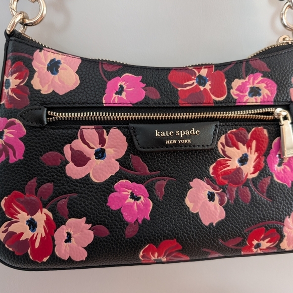 Kate Spade Pebbled Leather Black, Pink & Red Floral Shoulder Bag Poppy Flowers - Picture 3 of 10